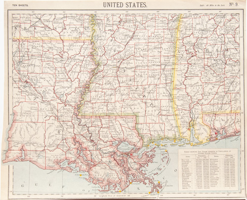 antique map of parts of Louisiana, Mississippi, Alabama, Florida, Arkansas